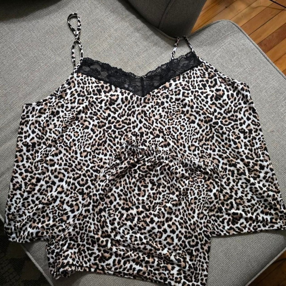 Joyspun 2X Leopard Print Pajama Set Lace Trim Cami & Shorts Sleepwear